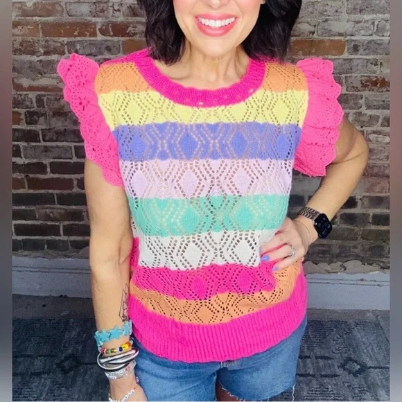 NWT BiBi Open Knit Bright Pink Purple Striped Ruffle Sleeve Easter Sweater Sz XL - Picture 3 of 7